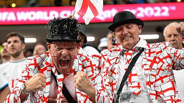 Fans der englischen Nationalmannschaft jubeln bei der WM in Katar &ndash; vielleicht ja auch über die Entdeckung der WC-Dusche. Das Team ...