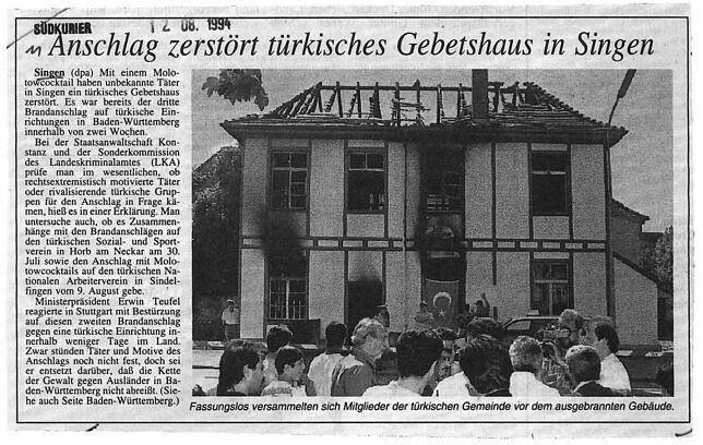 So berichtete der SÜDKURIER am 12. August über den Brandanschlag auf das Gebetshaus.  Bild: SK-Archiv