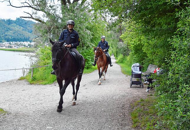 Kommissarin Dagmar Müller auf Young (vorne) und Oberkommissar Werner Goller auf Lecanto (hinten) ritten Anfang Juni im Naturschutzgebiet ...