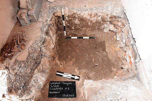 Das Landesamt für Denkmalpflege aus Freiburg hat ein menschliches Skelett unter der Kaplanei des Schloss Tiengen freigelegt.