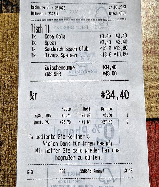 34,40 Euro stehen für zwei Mittagessen und zwei Getränke am Ende auf der Rechnung.