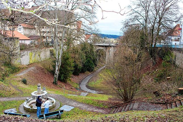 Blick vom Stadtgarten in den Stadtgraben, im Hintergrund die Hochbrücke: Hier soll der Kaskadenweg entstehen.