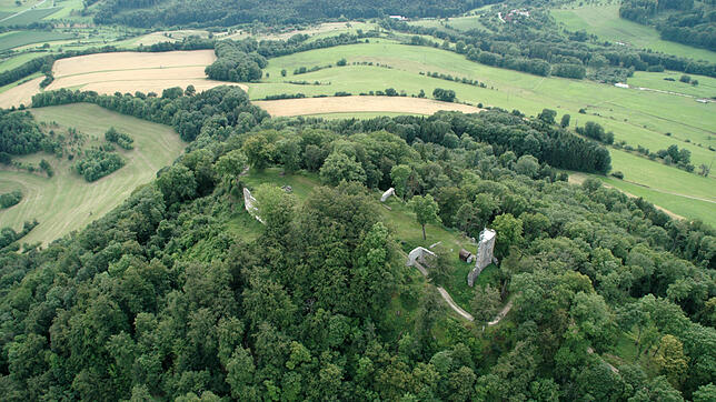 Hoch hinauf geht es beim Wandern auf dem Premiumwanderweg Hewensteig. Wer will, kann bis zur Aussichtsplattform auf der Burgruine ...