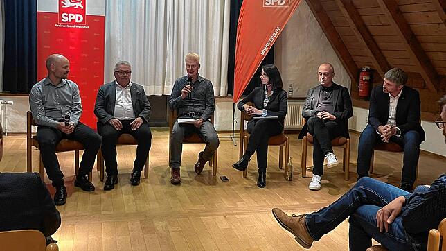 Das Podium (von links): Manuel Dohmen (Gewerbliche Schulen Waldshut), Hans-Peter Menger (DGB Baden-Württemberg), Peter Schallmayer ...