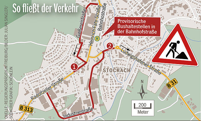Die Umleitungen rund um die Baustelle. Die Grafik zeigt auch, wo während des nächsten Bauabschnitts die Linienbusse abfahren &ndash; ...