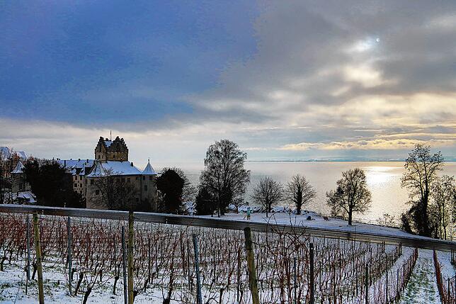 Schnee am Bodensee bei Meersburg.