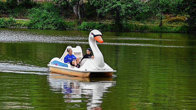 Louis Mürdter und Matteo Rieger strampeln über die Seefläche. Das Bild entstand bei der Aperol-Aktion zu Gunsten des Klosterweihers ...