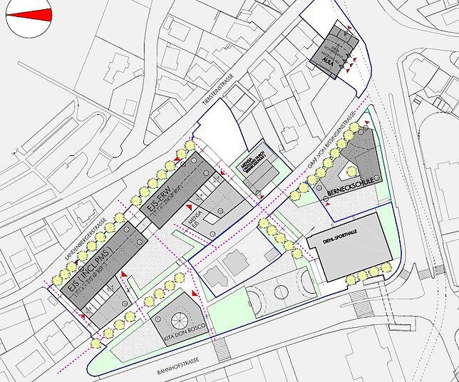 So könnte der neue Schulcampus eines Tages aussehen. Blau umrahmt: Diese Grundstücke gehören bereits der Stadt.