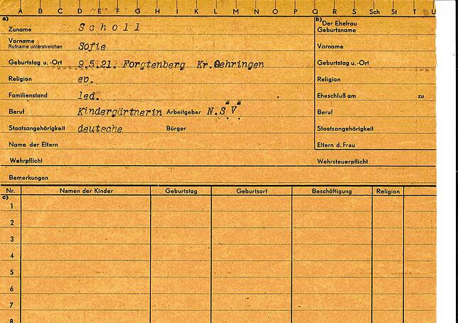 Die Stadt Blumberg hatte noch die Meldekarte von Sophie Scholl, Sie erhielt Blumbergs Heimatforscher Bernhard Prillwitz.