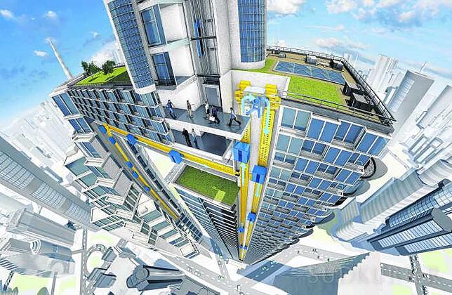 Die Darstellung zeigt eine künftige Anwendung der neuen Thyssenkrupp-Aufzugstechnik in einem Hochhaus. In einem Schacht können mehrere ...