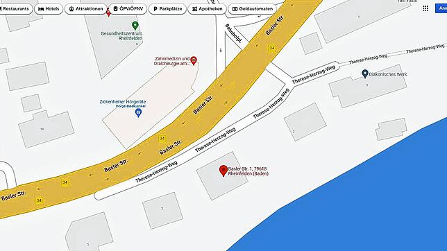 Ein Teil der Basler Straße wird in Google Maps fälschlicherweise als Therese-Herzog-Weg 1 ausgewiesen.