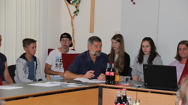 Die Arbeitsgruppe Jugendtreff im Walder 14er-Rat stellt dem Gemeinderat ihren Wunsch nach einem Jugendraum vor: (von links) Ben, ...