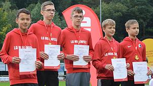 Vizemeister: Die U14-Jungen der LG Hohenfels – Laurence Wehrle, Jonas Murschel, David Murschel, Lian Stohler, Linus Buntru (von links) – ...