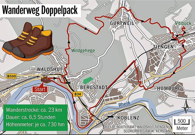 Als Verbindung zwischen Waldshut und Tiengen ist der Wanderweg &bdquo;Doppelpack&ldquo; konzeptioniert.