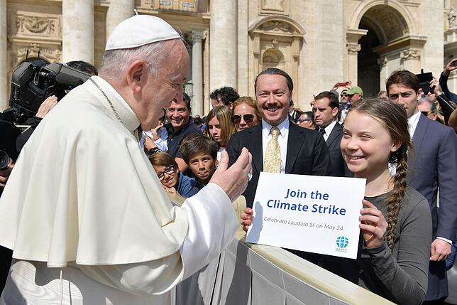 &bdquo;Mach mit beim Klimastreik&ldquo;: Die junge Schwedin trifft Papst Franziskus.