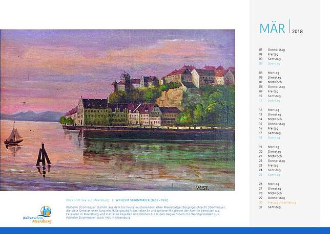 März-Blatt: "Blick vom See auf Meersburg" von Wilhelm Strommayer.