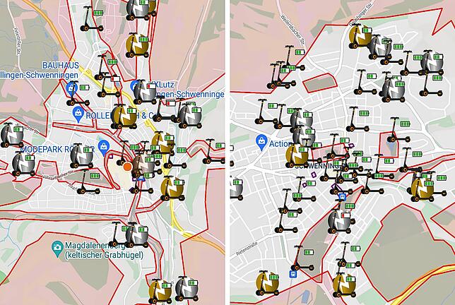 So verteilten sich die Scooter in Schwenningen (links) und Villingen (rechts) an einem Tag im Februar dieses Jahres. Die Scooter sind ...