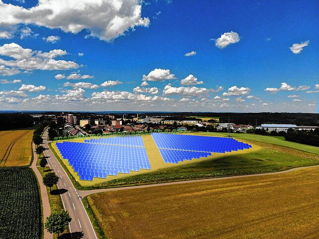 Eine Projektion der Freiflächenphotovoltaikanlage im Gewann &bdquo;Hinterösch&ldquo;, vom Westen aus gesehen aus 30 Meter Höhe. Vom ...