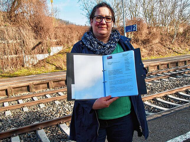 Gudrun Winkler zeigt am Gottmadinger Bahnhof die Petition mit den über 1000 Unterschriften, die sie zusammen mit drei weiteren Müttern ...
