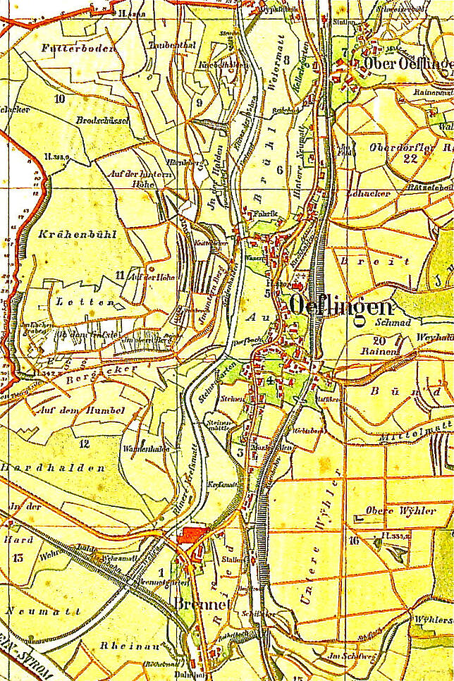 Die Karte von 1892 beruht auf einer vom Großherzogtum Baden angeordneten Vermessung. Wehratalbahn und Mechanische Buntweberei Brennet ...