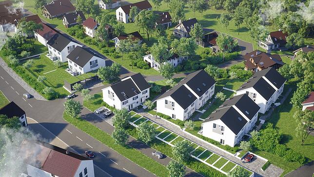 Die Ansicht des neuen Wohnquartiers „Panoramastadt am Bodensee“ im Leimbach von Süden ausgesehen, vorne die B 33.