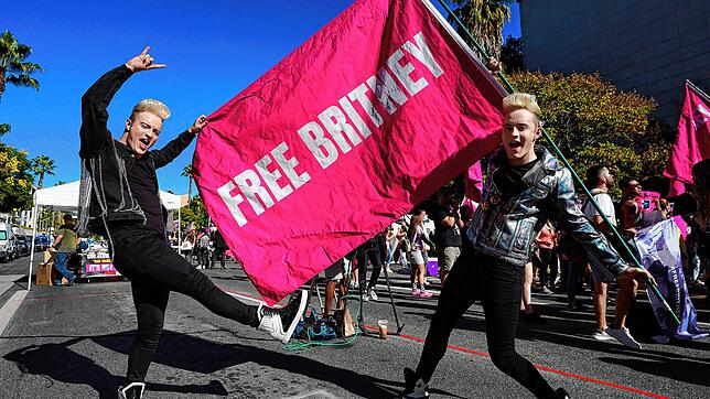 Die Zwillinge Edward (r) und John Grimes aus Dublin, Irland, halten eine &bdquo;Free Britney&ldquo;-Flagge vor einer Anhörung über die ...