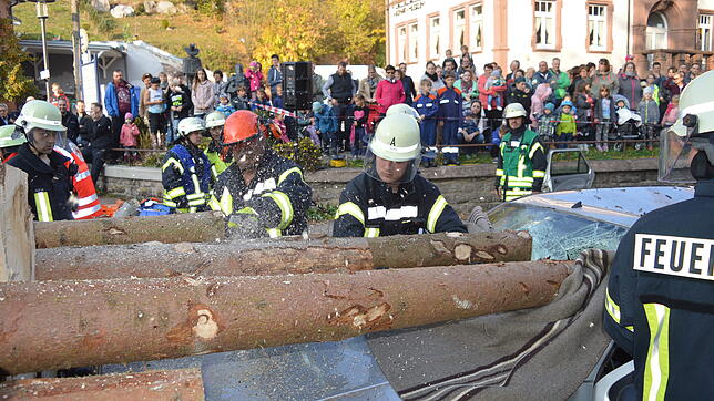 Mitglieder der Löschgruppe Kappel zersägen die Baumstammenden und entfernten diese aus dem Wagen.