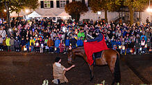 Das Martinsspiel auf dem Rathausplatz in Immenstaad begeistert die kleinen und großen Zuschauer. Die Kinder bestaunen vor allem ...