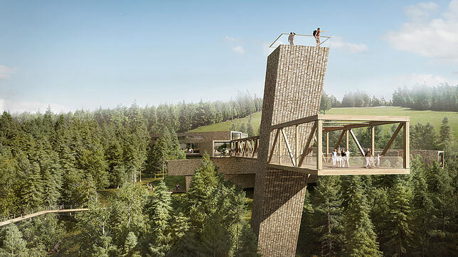 Auf einer Computergrafik ist das geplante Besucher- und Informationszentrum des Nationalparks Schwarzwald dargestellt. Die Architektur ...