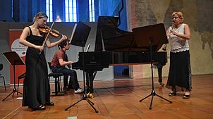 Dozenten der Musikakademie Villingen-Schwenningen in Aktion auf der Bühne des Franziskaner Konzerthauses (von links): Theresa Lechner, ...