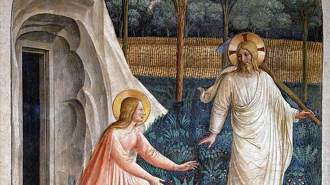 Am Ostermorgen begegnet Maria Magdalena dem auferstandenen Jesus. Sie erkennt ihn zunächst nicht. Links die Grabhöhle, in die Jesus nach ...