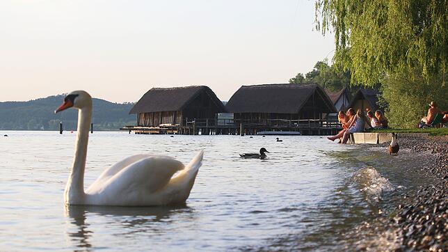 Menschen &ndash; vielleicht Urlauber? &ndash; sitzen im Juni 2019 mit Sicht auf die Pfahlbauten am Strandbad in Unteruhldingen. ...