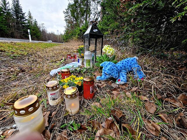 Grablichter, Blumen und ein Plüsch-Elefant – Mandalkas Markenzeichen – stehen am Unfallort.