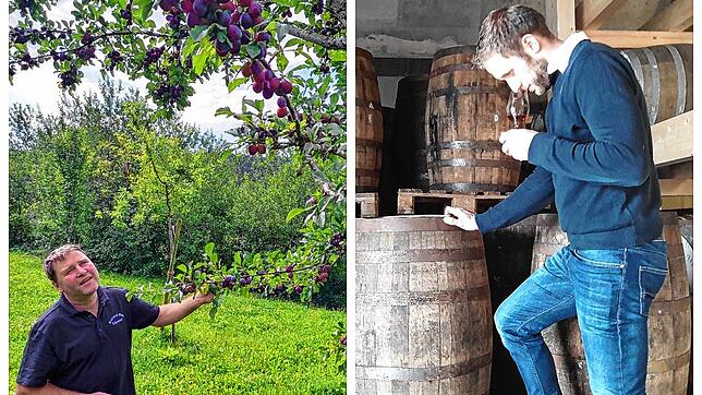 Wenn aus Obst Schnaps wird: Sebastian Mack (links) begutachtet seine Obstbäume, Sebastian Lauinger das Endprodukt.