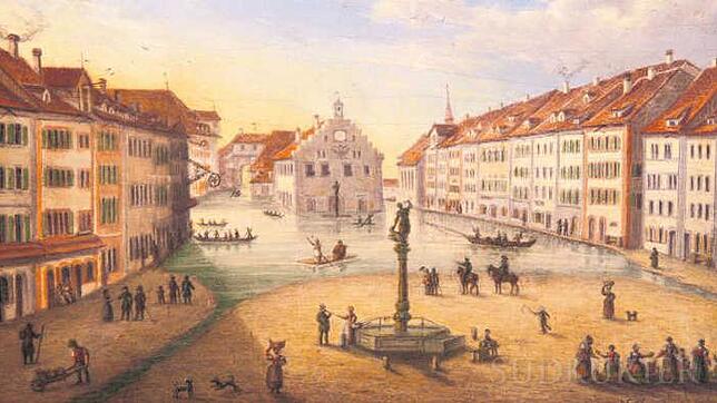 Im Sommer 1817 steigt der Hochwasserpegel auf über sechs Meter, die Konstanzer Marktstätte ist überschwemmt. Spannende Frage: Von wo aus ...