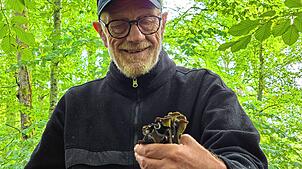 Willi Müller ist der Glücksmoment anzusehen: Er hat Herbsttrompeten gefunden – ein sehr guter Speisepilz, auch wenn er für Laien eher ...