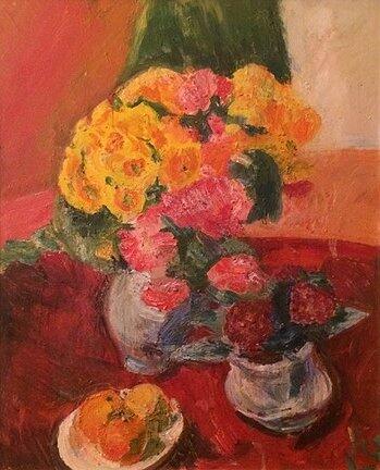 Stillleben mit Blumen und Orangen, 1996, Mischtechnik auf Hartfaserplatte.