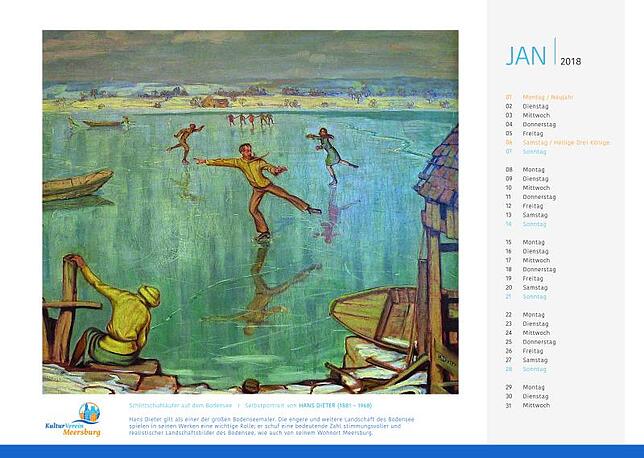 Januar-Motiv: "Schlittschuhläufer auf dem Bodensee", Selbstporträt von Hans Dieter.