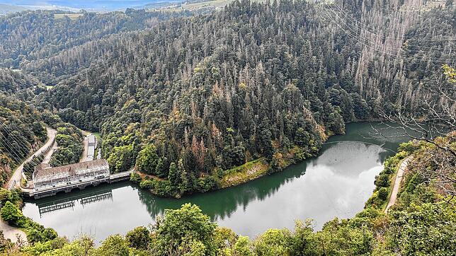 Blick vom Flakstand auf das Witznau-Kraftwerk und -Stausee. Auf den Höhen gegenüber liegt Dietlingen. An den Hängen sieht man das Ausmaß ...