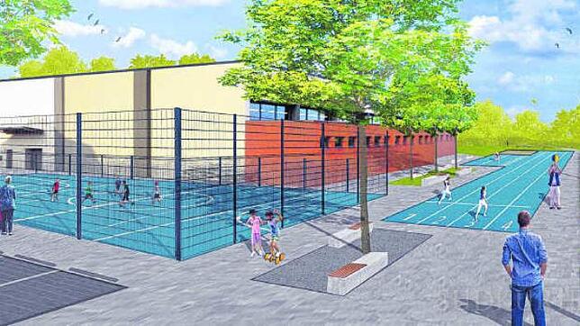 Die Planung sieht südlich der Rappensteinhalle ein Ballspielfeld, eine (allerdings rote, nicht blaue) Laufbahn und rechts einen Fußweg ...