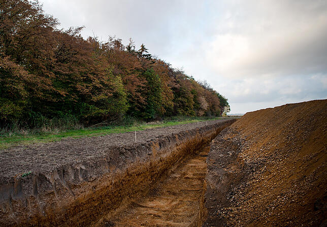 Hambacher Forst Am Rand des Hambacher Forstes wurde als Abgrenzung ein Graben gegraben und ein Wall aufgeschüttet.