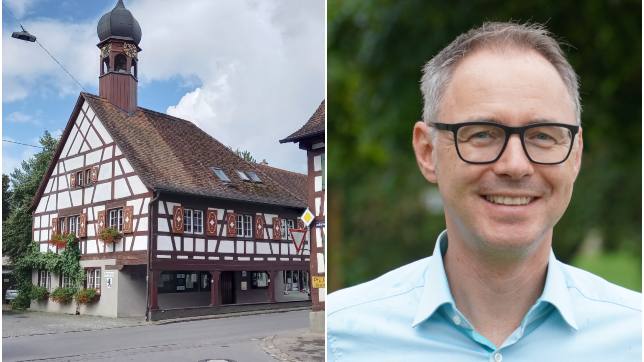 Links: Das Bermatinger Rathaus, wo vergangene Woche eingebrochen wurde. Rechts: Bürgermeister Martin Rupp.
