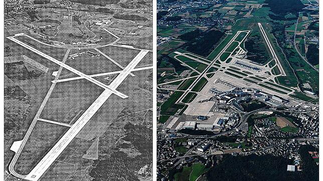Links ein Luftbild des Flughafens Zürich aus dem Jahr 1953, rechts eines aus dem Jahr 2021.