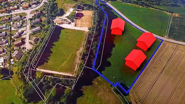 Im blauen Rahmen bei den symbolischen Gebäuden soll in Eigeltingen das neue Gewerbegebiet &bdquo;Am Sportplatz&ldquo; entstehen.