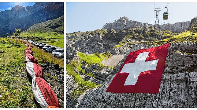 2023: Fahnen-Wurst zum Anfassen (links). 2022: Die Fahne hängt an der Säntis-Nordwand und ist bis zum Bodensee sichtbar.