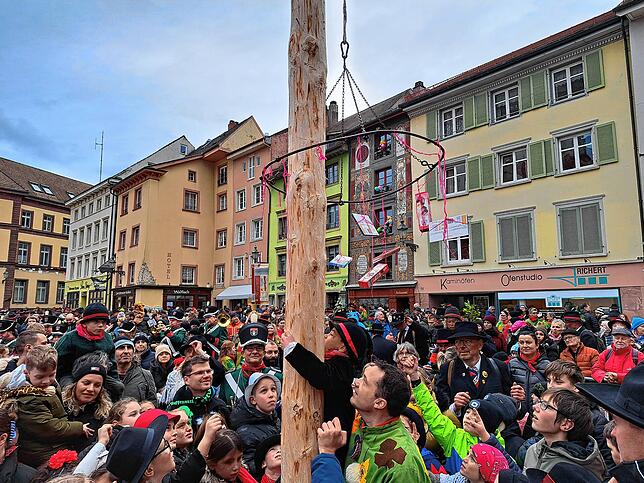 Bild 1: Was für ein Spektakel! Der Narrenbaum steht &ndash; und das Publikum ist begeistert