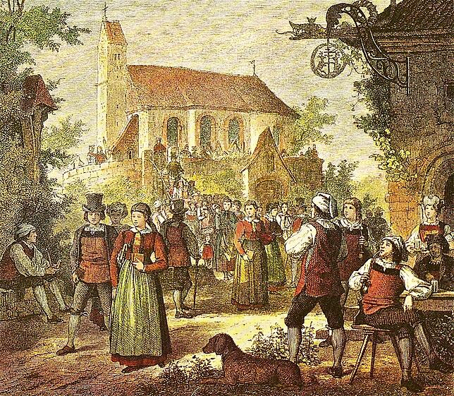 Das Gemälde „Kirchgang der Hotzen“ wurde um 1870 von Theodor Pixis geschaffen. In ihm ist die Kirche von Hänner noch mit dem ...