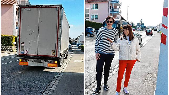 Claudia Benz (links) und Claudia Schmid spüren in Schnetzenhausen eine deutliche Zunahme des Verkehrs. Vor allem Lastwagen sind ihren ...