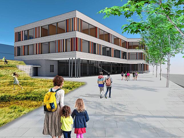 Der Vorentwurf für die Hybridbauweise zeigt das neue Gebäude für die Grundschule, Weiherdammschule und die Mensa von der Achdorfer ...