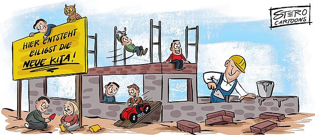 Mit Schaufel, Eimer und Bobby-Car: Die Baustelle einer Kindertagesstätte eignet sich auch prima als Spielplatz – findet unser ...